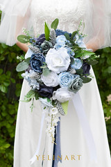 10 Inch Dusty Blue Wedding Bouquets for Bride Artificial Roses Flower Cascading