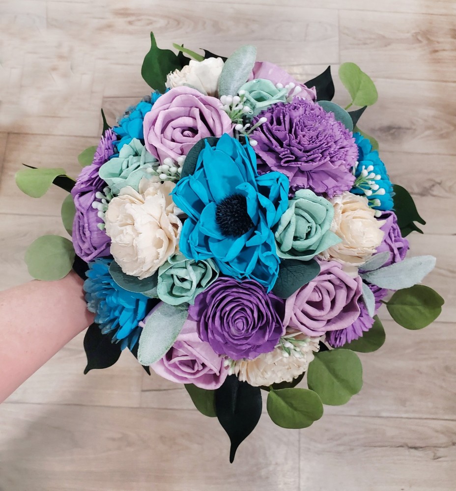 Turquoise & Lavender Bridal Bouquet Sola Wood Bridesmaid Flowers Sage Eucalyptus