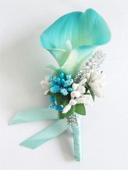 Yoanshop Calla Lily Blue Boutonniere Set of 4 Handmade Silk Flower with Ribbon