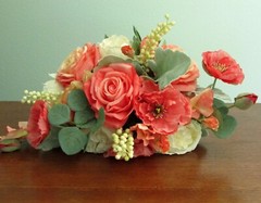 Silk Flower BRIDAL BOUQUET Coral Pink Peach and Green Roses, Poppy, Hydrangea