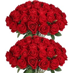 50 PCS Fake Roses, Artificial Flowers Bulk Realistic Silk Faux Rose 50 Pcs Red