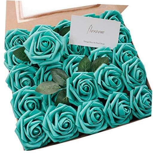 Artificial Flowers 50pcs Real Looking Foam Fake Roses with 50Pcs Teal Green