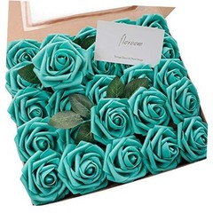 Artificial Flowers 50pcs Real Looking Foam Fake Roses with 50Pcs Teal Green
