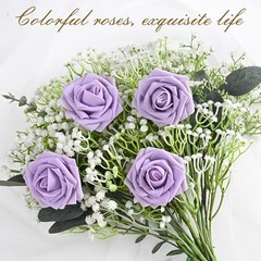 Artificial Flowers Fake Roses with Stems Boxed Foam Roses for DIY 16Pcs Purple