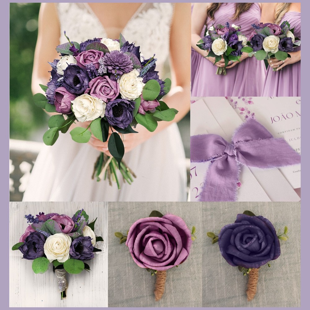 Purple Lavender Bridal Bouquet Sola Wood Wedding Flowers Artificial Bridesmaid