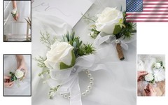Handcrafted Ivory Rose Wrist Corsage and Boutonniere Set for Special Occasions