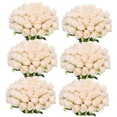 50 Pcs Artificial Rose Flower Bulk Realistic Silk Fake Roses Beige Champagne
