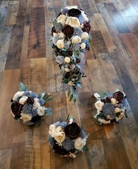 Burgundy Dusty Blue Sola Wood Bridal Bouquet Artificial Cascade Wedding Flowers