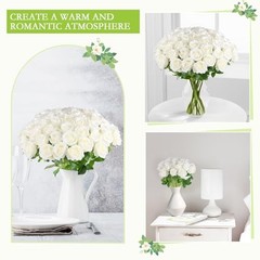 50 White Artificial Roses in Bulk, Fake Velvet Silk Roses Realistic Rose for Wed
