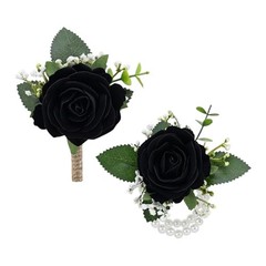 2Pcs Rose Corsage and Men Boutonniere 1 Boutonniere & 1 Wrist Corsage Black