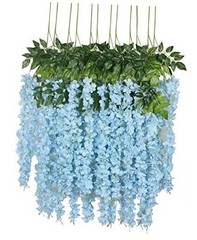 12 Piece Artificial Silk Wisteria Vine 3.6 Feet Hanging Flower Light Blue