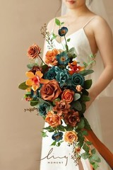 Ling’s Moment Teal Bridal Bouquet Cascading, 11 Inch Orange Wedding Bouquets …