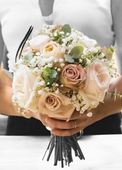 Bridal Bouquet Champagne , Dark Sand Color Roses. Baby’s Breath Eucalyptus.