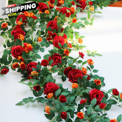 2 PCS 12FT Bendable Flower Garland, Artificial Rose Vine Hanging 2pcs, Red