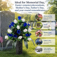 2 Sets Artificial Cemetery Flowers for Grave, Outdoor Grave White+dark Blue
