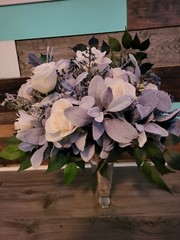 Steel Blue Wedding Bouquet, Dusty Blue, Ivory, Silk Roses, Men’s Boutonniere 