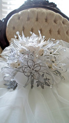 Luxury Wedding Cascade, White & Silver,Glass Crystals,Porcelain Roses,Satin-Beau