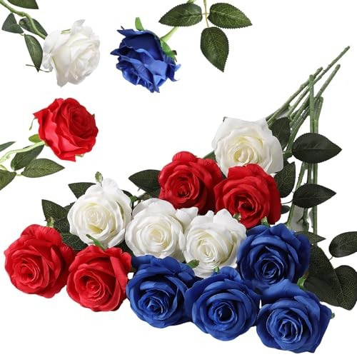 12PCS Artificial Silk Flowers Realistic Roses 12Pcs Flowers Red, White, Blue