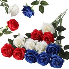 12PCS Artificial Silk Flowers Realistic Roses 12Pcs Flowers Red, White, Blue