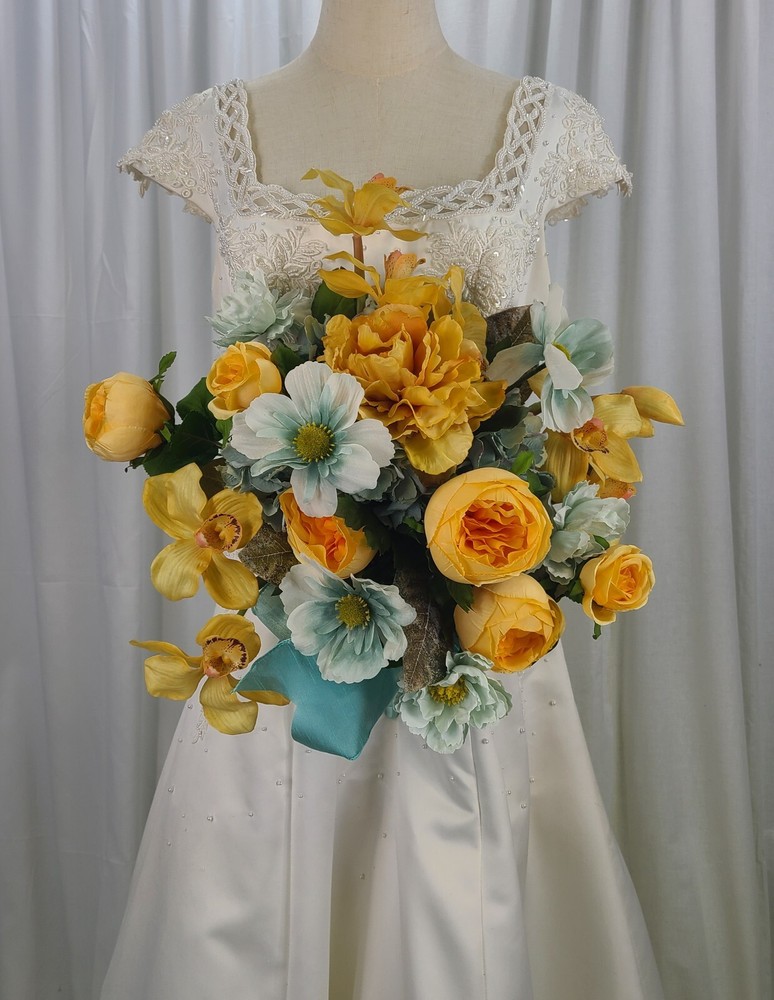 Sunny Yellow and Aqua Garden Faux Silk Wedding Bouquet