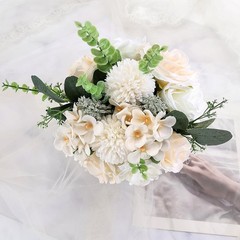 9.5In Wedding Bouquets for Bride Bridesmaid, Champagne Roses White Artificial Fl