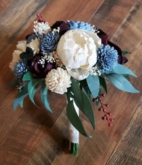 Burgundy Dusty Blue Sola Wood Bridal Bouquet Artificial Cascade Wedding Flowers