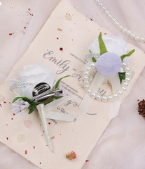 White Rose Women Corsage and Men Boutonniere Set for Wedding Prom | Artificial S
