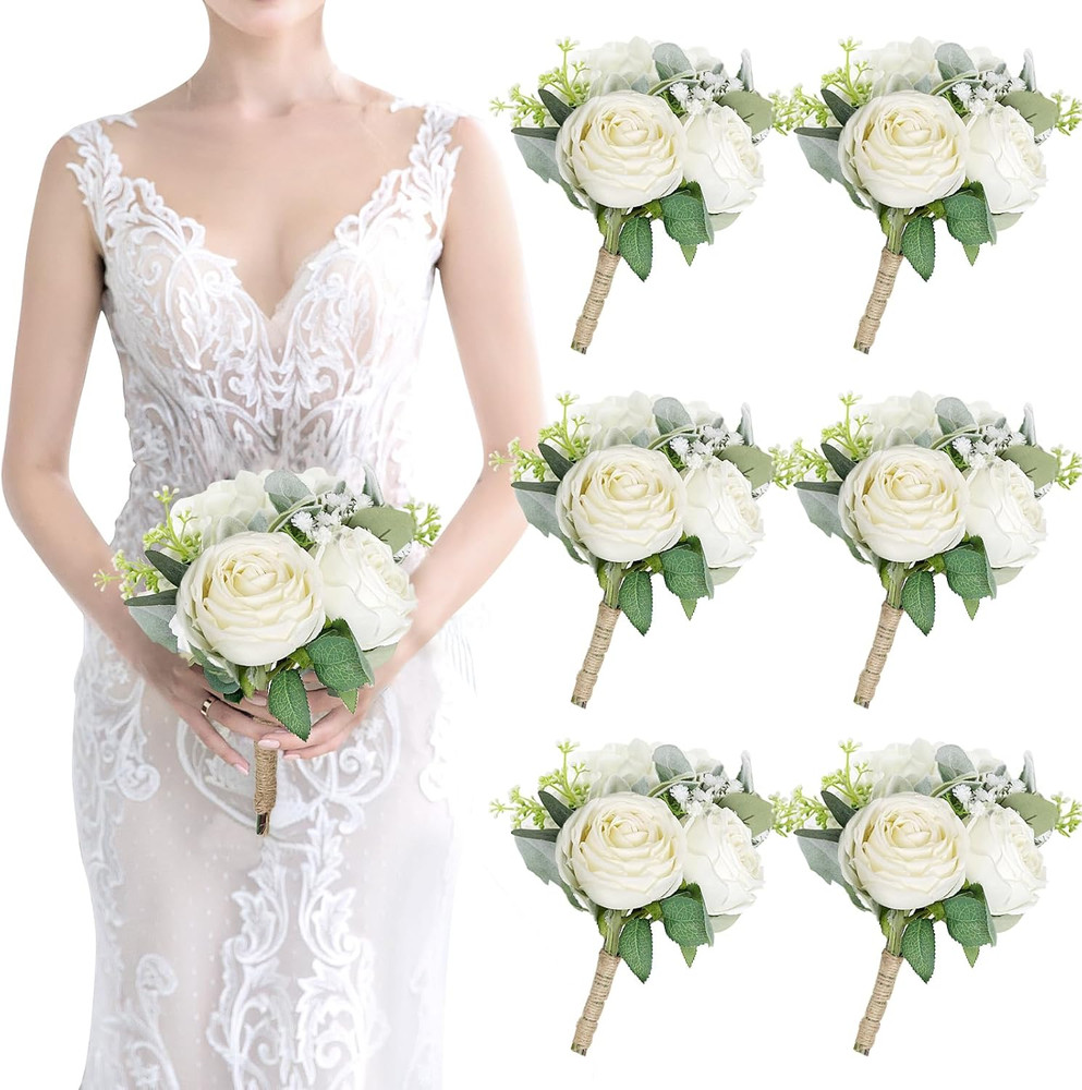 Set of 6 Ivory White Bridesmaid Bouquets – Artificial Floral Centerpieces