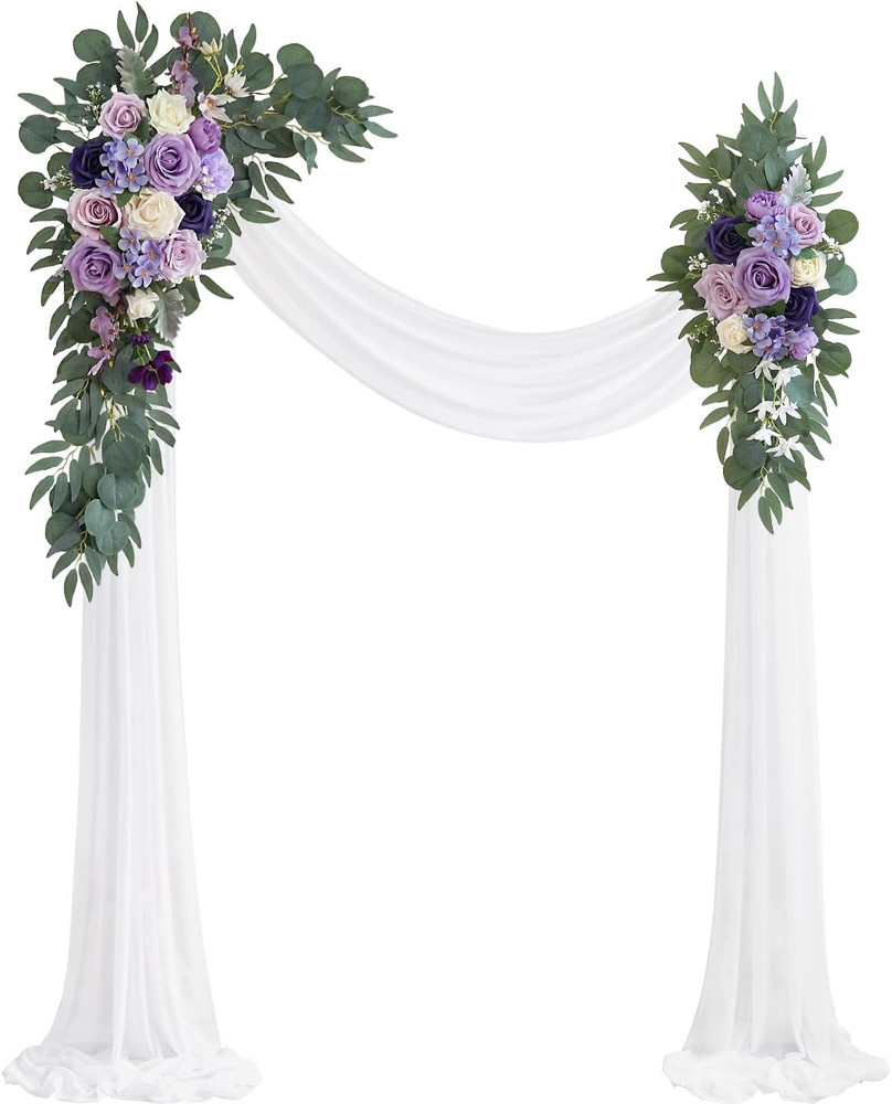 Lilac Wedding Arch Flowers Kit with 26Ft White Draping Fabric for DIY Decor