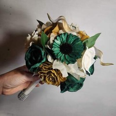 Hunter Green Ivory Gold Rose Sola Wood Bridal Wedding Bouquet Accessories