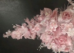 Vintage Silk Wedding Bouquet, Pink, 18″ Satin Leaves, Roses, Stephanotis, Pearls