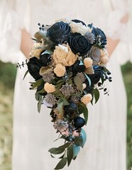 Navy Dusty Blue Bridal Bouquet Sola Wood Cascade Artificial Wedding Flowers