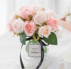 Artificial Roses Flowers 12 Heads Arrangement Silk Bouquet Pink With Champagne