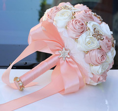 Pale Pink & Ivory Satin Rose Bridal Toss Bouquet – 9.4″ Handmade Floral Bunch