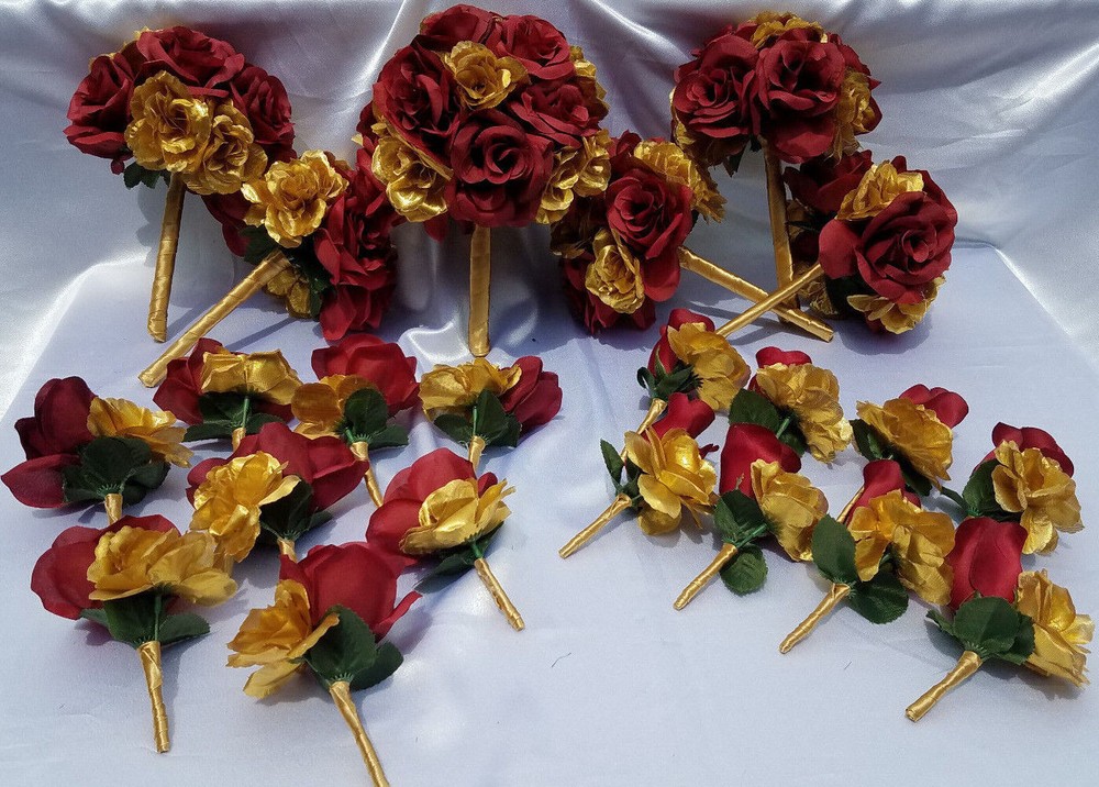 22 PC, Wedding Bouquet Set, Burgandy & Gold Roses, Wedding Flower Packages