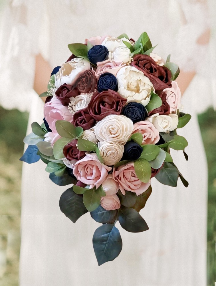 Pink Burgundy Cascade Bridal Bouquet Sola Wood Blush Blue Navy Wedding Flowers