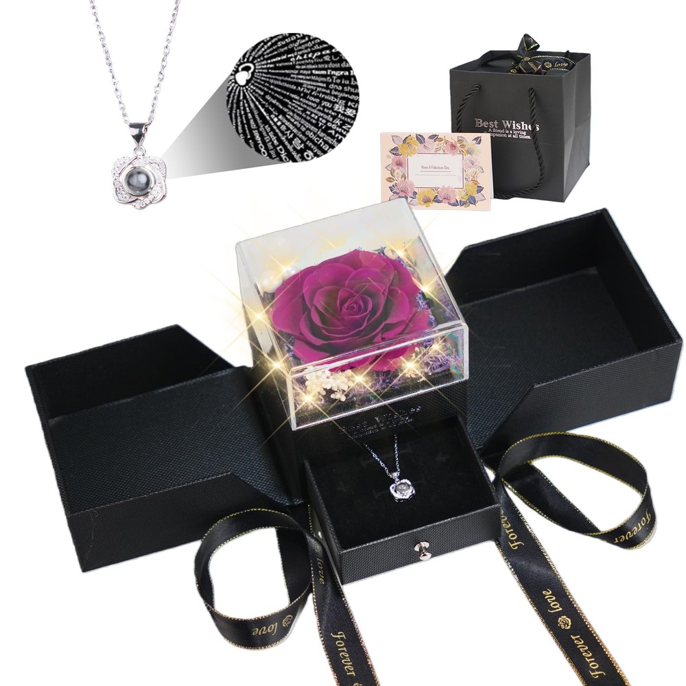 Preserved Red Real Rose Flowers with I Love You Necklace Eternal Purple