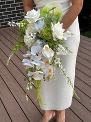 Pure White & Green Wedding waterfall Bouquet – artificial real touch orchid rose