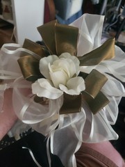 Vintage 2 Cileruide beige rose wrist corsage features gold leaf ribbons Door…