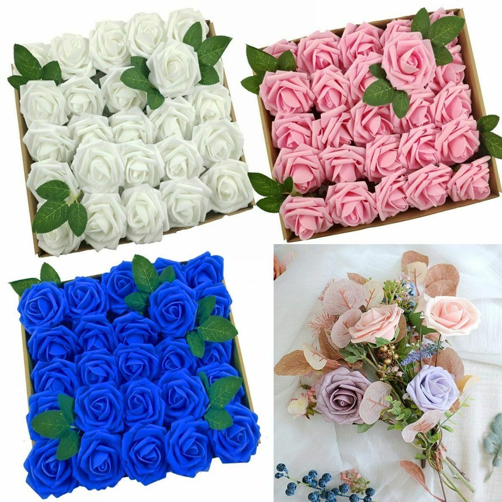 50/25 white Artificial Flower Real Looking Foam Roses Decoration DIY for Wedding