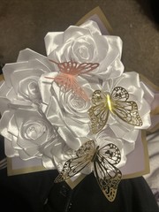 Homemade 7 Ribbon Rose Flower Bouquet In White With Pink And Golden Butterfly’s