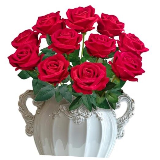 10 PCS Velvet Fake Red Roses Artificial Red Flowers Bulk, Silk Faux Roses with