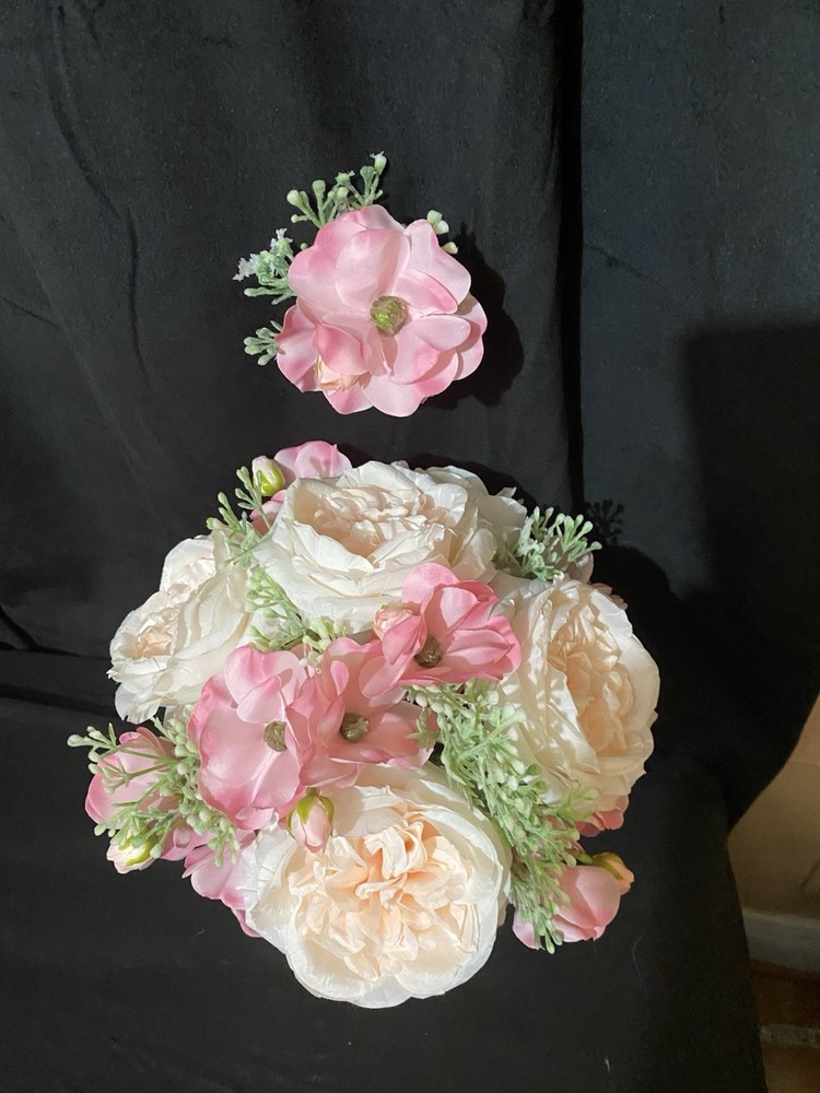 wedding bouquet bridal artificial silk flowers. Peach/Cream and Pink.