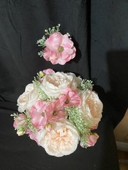 wedding bouquet bridal artificial silk flowers. Peach/Cream and Pink.
