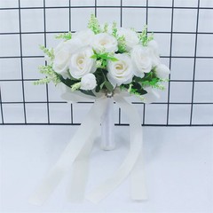 White Silk Rose Bridal Bouquet Handmade Artificial Wedding Flowers Bride Decor
