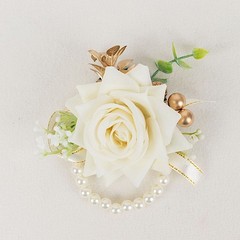 White 2 Silk Rose 4″ Wrist Corsages with Pearls Artificial Flowers Wedding
