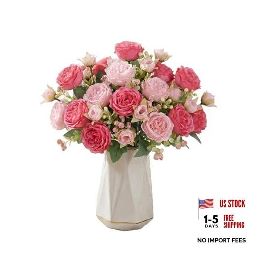 Artificial Peony Silk Flower Bouquet, Small Fake Pink Flowers Spring Mixed Pink