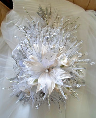 Luxury Wedding Cascade, White & Silver,Glass Crystals,Porcelain Roses,Satin-Beau