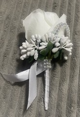 White Rose Silver Rhinestones Boutonniere Wedding Prom