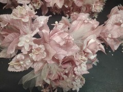 1970s Vintage Silk Wedding Bouquet, 18″ Satin Leaves, Roses, Stephanotis, Pearls